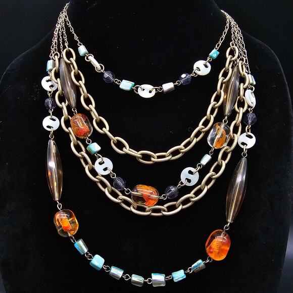 Lia Sophia St Lucia Multicolor Layered Bib Necklace Statement Orange Chain - Picture 8 of 8